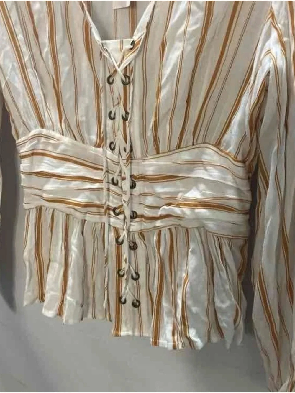 Anthropologie Cream and Tan Striped Lace-Up Peplum Blouse feather and bone boho